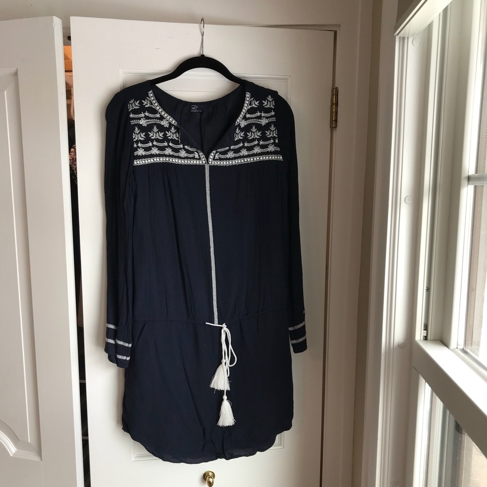 Navy and white embroidered dress, size M